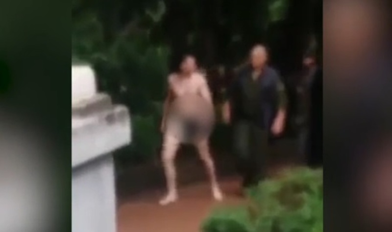 Совершенно голый мужчина прошелся по парку в сопровождении охранника – видео